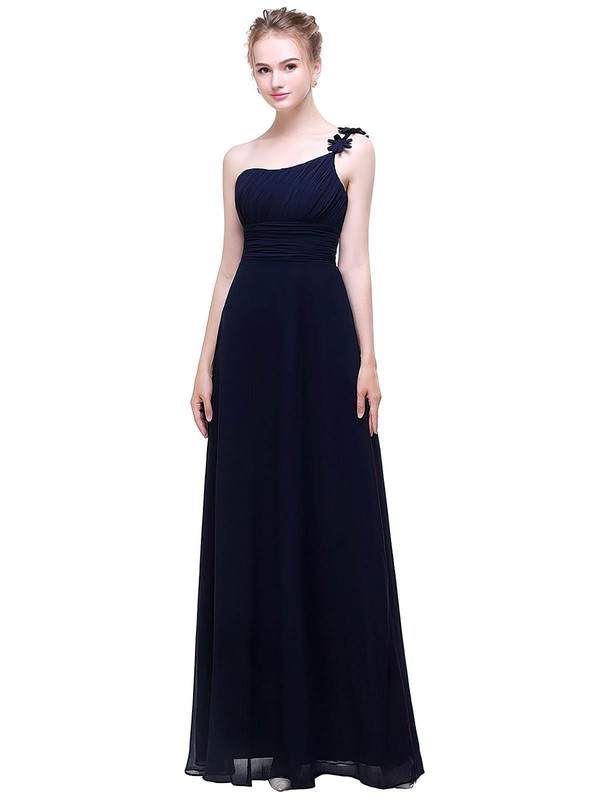 A-line One Shoulder Floor-length Chiffon with Flower(s) Bridesmaid Dresses #PDS01013445