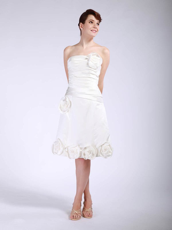Satin A-line Strapless Tea-length Flower(s) Bridesmaid Dresses #PDS01012048