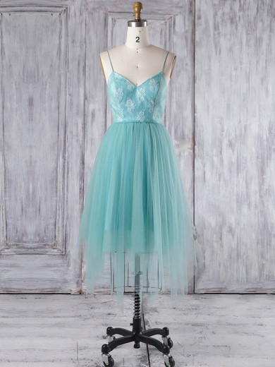 A-line V-neck Asymmetrical Tulle with Lace Bridesmaid Dresses #PDS01013348