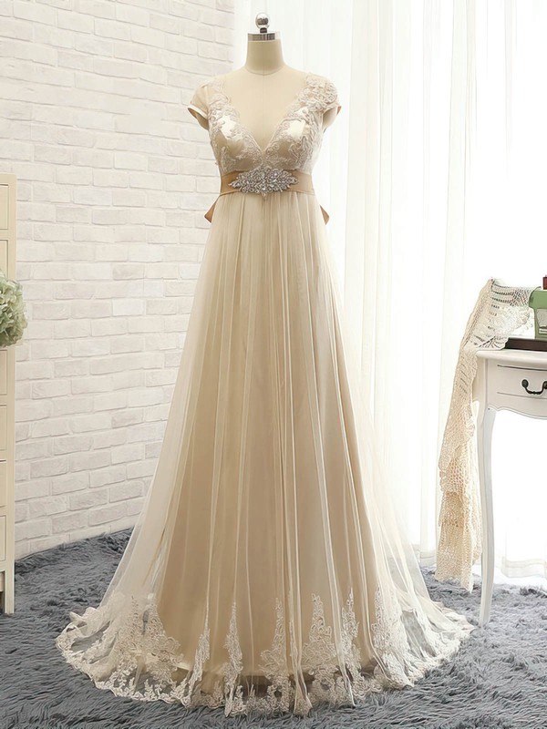 Empire V-neck Sweep Train Tulle with Appliques Lace Bridesmaid Dresses #PDS01013397