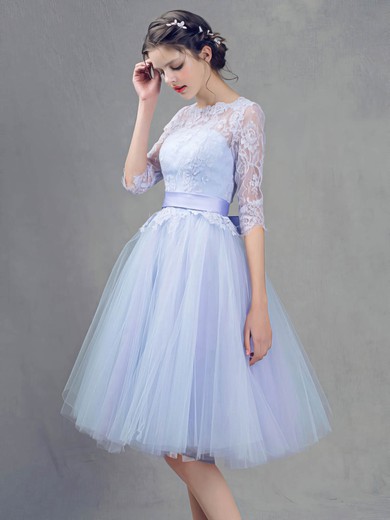 Princess Scoop Neck Knee-length Lace Tulle with Sashes / Ribbons Bridesmaid Dresses #PDS01013409