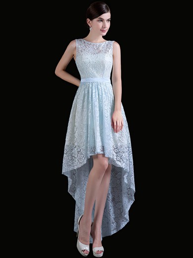 A-line Scoop Neck Asymmetrical Lace with Sashes / Ribbons Bridesmaid Dresses #PDS01013411