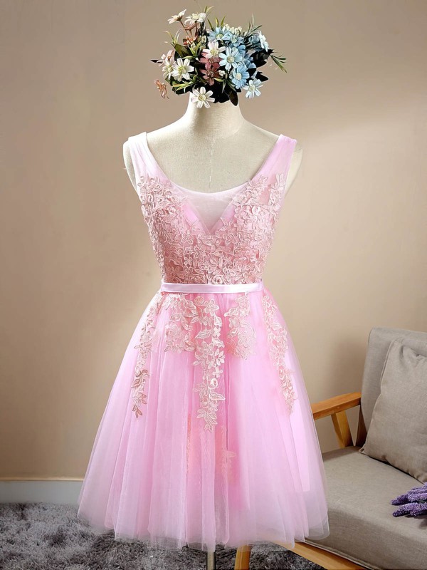 A-line Scoop Neck Short/Mini Tulle with Appliques Lace Bridesmaid Dresses #PDS01013415