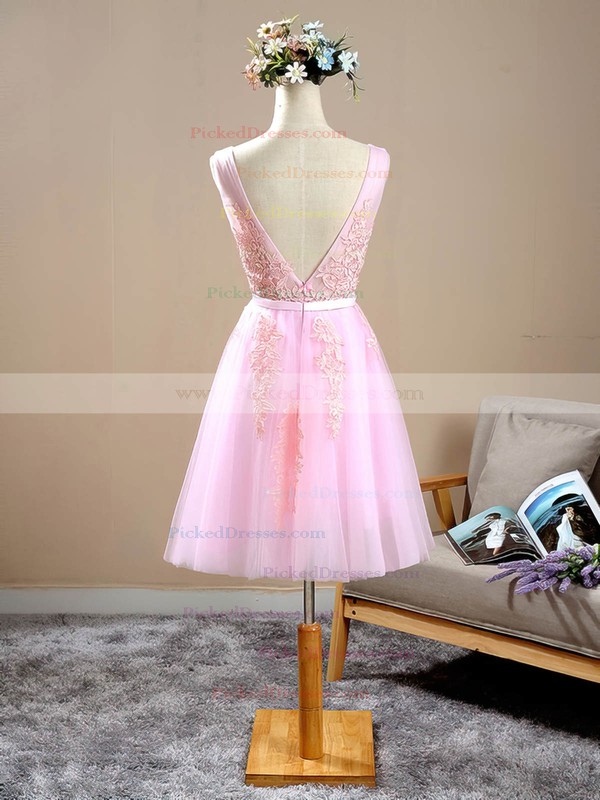 A-line Scoop Neck Short/Mini Tulle with Appliques Lace Bridesmaid Dresses #PDS01013415