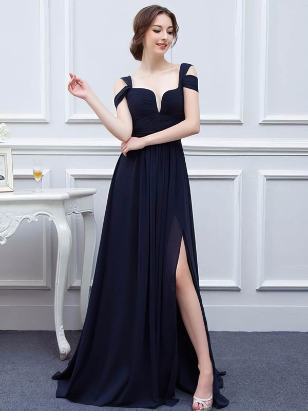 A-line V-neck Sweep Train Chiffon with Split Front Bridesmaid Dresses #PDS01013426