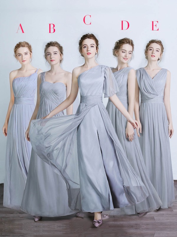 A-line One Shoulder Floor-length Chiffon Silk-like Satin with Split Front Bridesmaid Dresses #PDS01013429