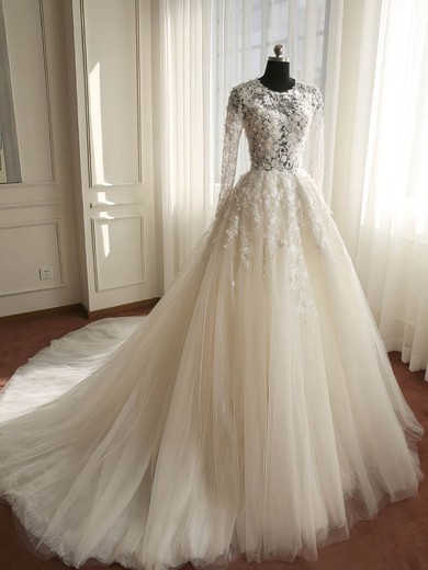Ball Gown Scoop Neck Court Train Tulle with Appliques Lace Wedding Dresses #PDS00023008