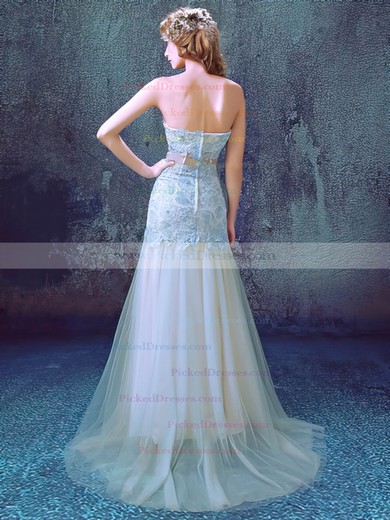 Trumpet/Mermaid Sweetheart Sweep Train Tulle with Appliques Lace Wedding Dresses #PDS00023012