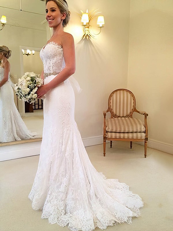 Trumpet/Mermaid Sweetheart Sweep Train Lace with Sashes / Ribbons Wedding Dresses #PDS00023014