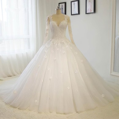 Ball Gown Scoop Neck Court Train Tulle with Sequins Wedding Dresses #PDS00023015
