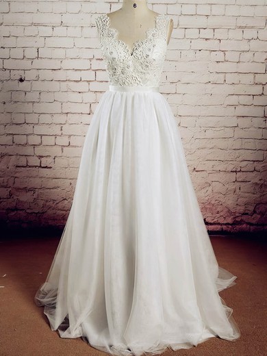 A-line V-neck Sweep Train Tulle with Appliques Lace Wedding Dresses #PDS00023017