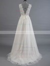 A-line V-neck Sweep Train Tulle with Appliques Lace Wedding Dresses #PDS00023017