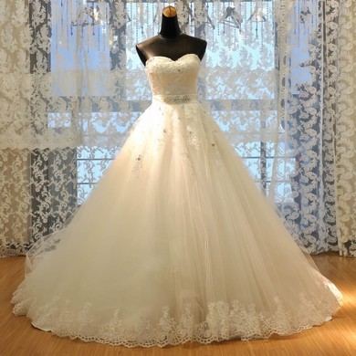 Ball Gown Sweetheart Court Train Tulle with Beading Wedding Dresses #PDS00023022
