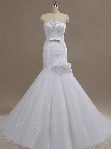 Trumpet/Mermaid Sweetheart Court Train Tulle with Beading Wedding Dresses #PDS00023024