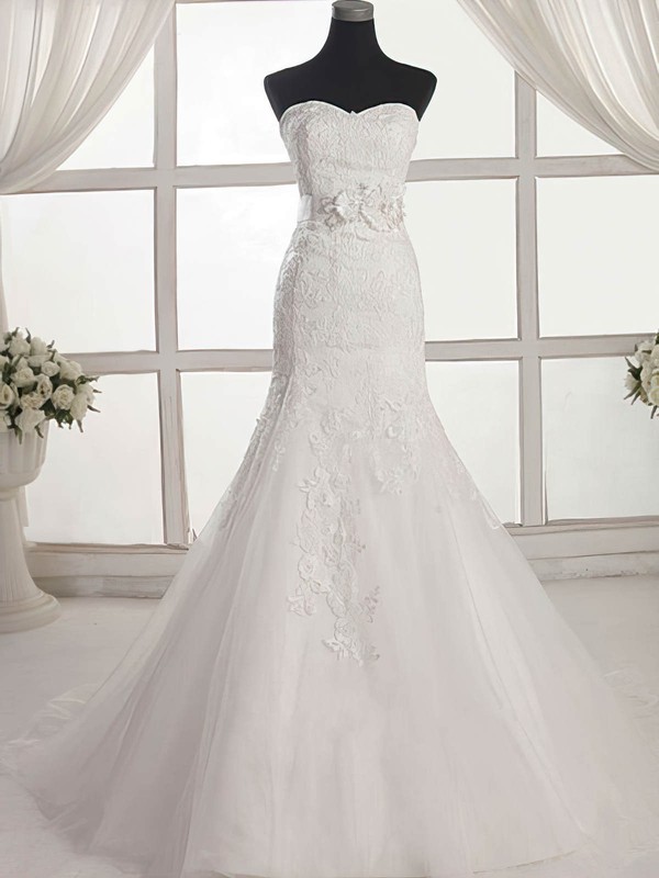 Trumpet/Mermaid Sweetheart Sweep Train Tulle with Appliques Lace Wedding Dresses #PDS00023027