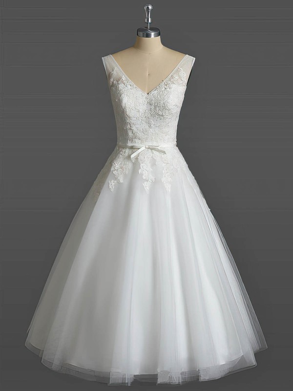 Ball Gown V-neck Tea-length Tulle with Sashes / Ribbons Wedding Dresses #PDS00023031