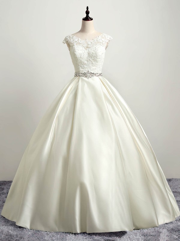 Ball Gown Scoop Neck Floor-length Satin Tulle with Appliques Lace Wedding Dresses #PDS00023035