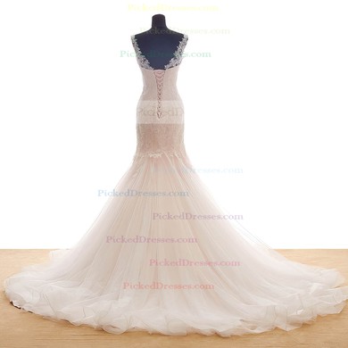 Trumpet/Mermaid Scoop Neck Sweep Train Tulle with Appliques Lace Wedding Dresses #PDS00023036