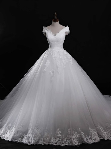 Ball Gown V-neck Cathedral Train Tulle with Appliques Lace Wedding Dresses #PDS00023040