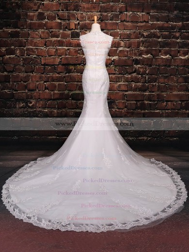 Trumpet/Mermaid Scoop Neck Court Train Tulle with Sequins Wedding Dresses #PDS00023042