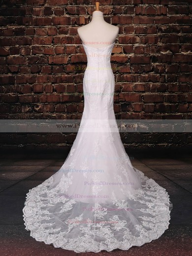 Trumpet/Mermaid Sweetheart Sweep Train Tulle with Appliques Lace Wedding Dresses #PDS00023043