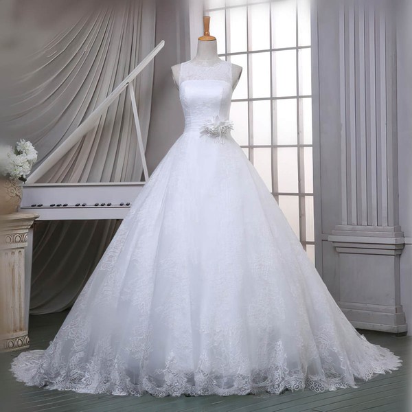 Ball Gown Scoop Neck Sweep Train Lace with Sashes / Ribbons Wedding Dresses #PDS00023051