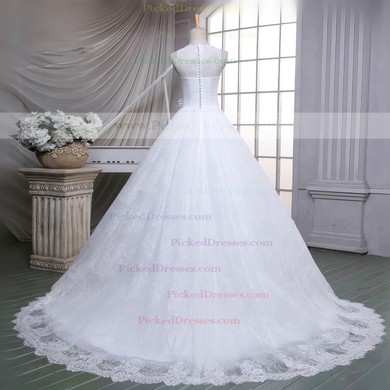 Ball Gown Scoop Neck Sweep Train Lace with Sashes / Ribbons Wedding Dresses #PDS00023051