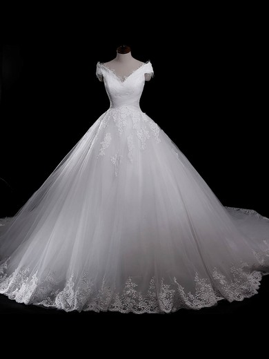 Ball Gown V-neck Chapel Train Tulle with Appliques Lace Wedding Dresses #PDS00023055