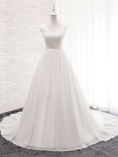 Ball Gown V-neck Court Train Chiffon with Ruffles Wedding Dresses #PDS00023056