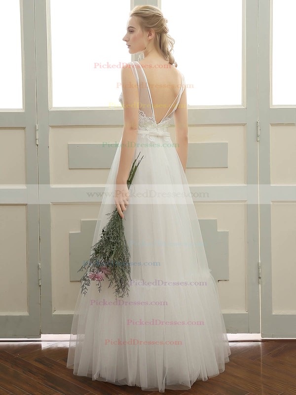 A-line Scoop Neck Floor-length Tulle with Sashes / Ribbons Wedding Dresses #PDS00023058
