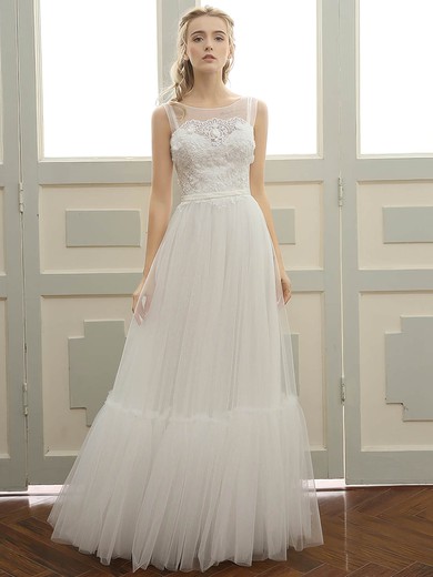 A-line Scoop Neck Floor-length Tulle with Sashes / Ribbons Wedding Dresses #PDS00023058