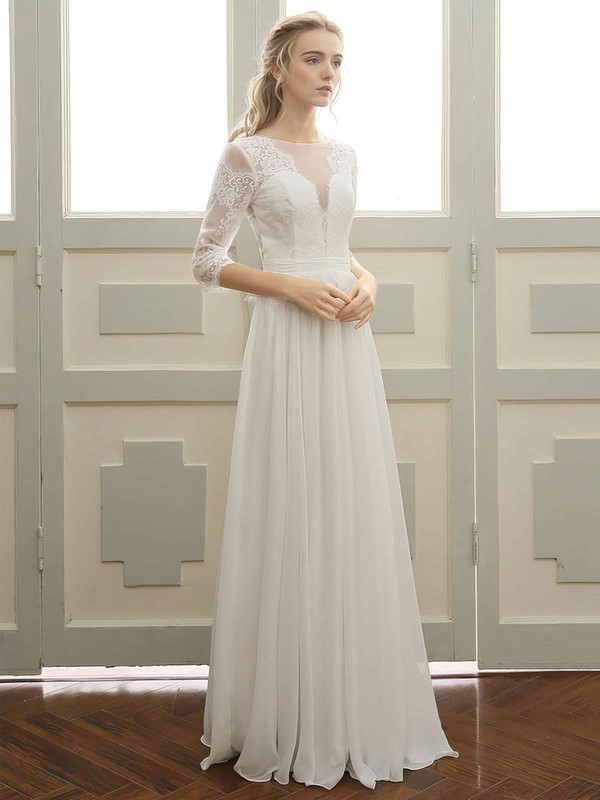 A-line Scoop Neck Floor-length Tulle Chiffon with Appliques Lace Wedding Dresses #PDS00023059