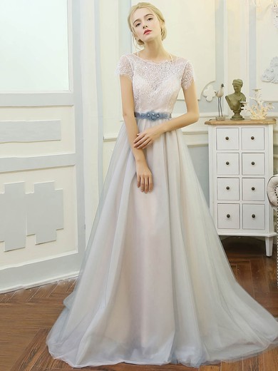 A-line Scoop Neck Sweep Train Tulle Lace with Sashes / Ribbons Wedding Dresses #PDS00023061