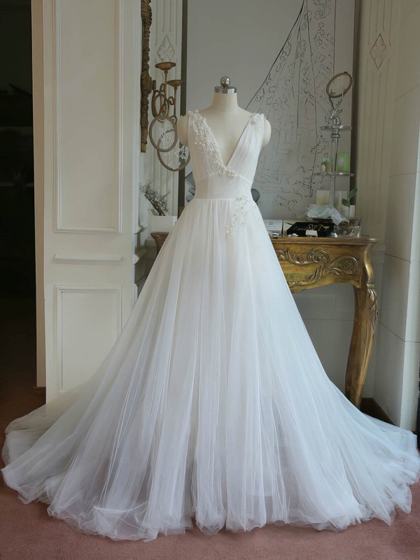 Ball Gown V-neck Sweep Train Tulle with Appliques Lace Wedding Dresses #PDS00023062