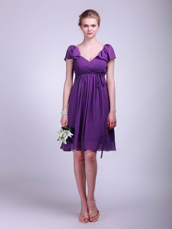 Chiffon A-line V-neck Knee-length Sashes/Ribbons Bridesmaid Dresses #PDS02013627