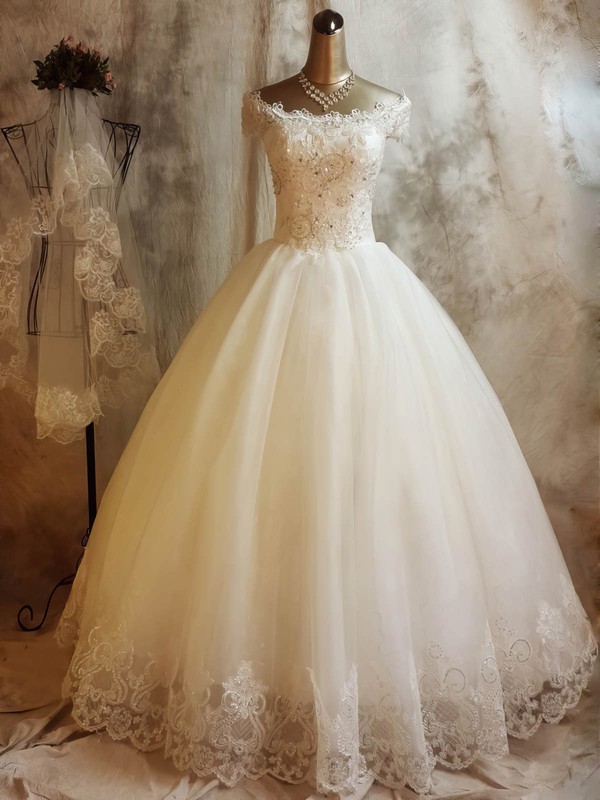 Ball Gown Off-the-shoulder Floor-length Tulle with Beading Wedding Dresses #PDS00023068