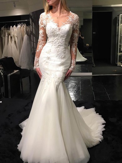 Trumpet/Mermaid Scoop Neck Sweep Train Tulle with Appliques Lace Wedding Dresses #PDS00023070