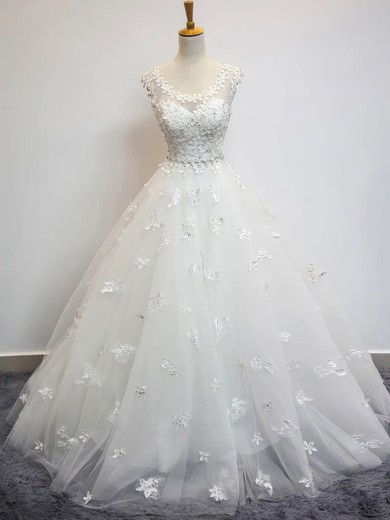 Ball Gown Scoop Neck Floor-length Tulle with Beading Wedding Dresses #PDS00023072