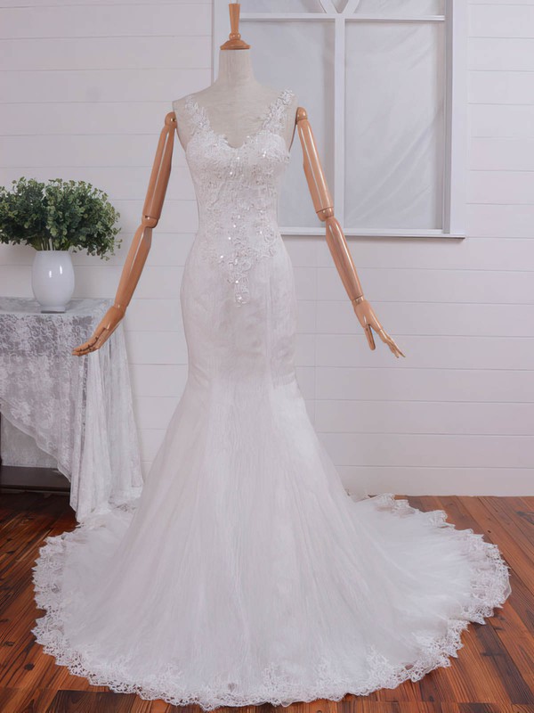Trumpet/Mermaid V-neck Court Train Lace Tulle with Appliques Lace Wedding Dresses #PDS00023074