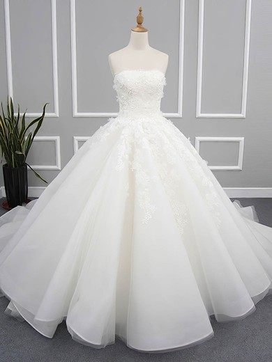 Ball Gown Strapless Chapel Train Organza Tulle with Appliques Lace Wedding Dresses #PDS00023078