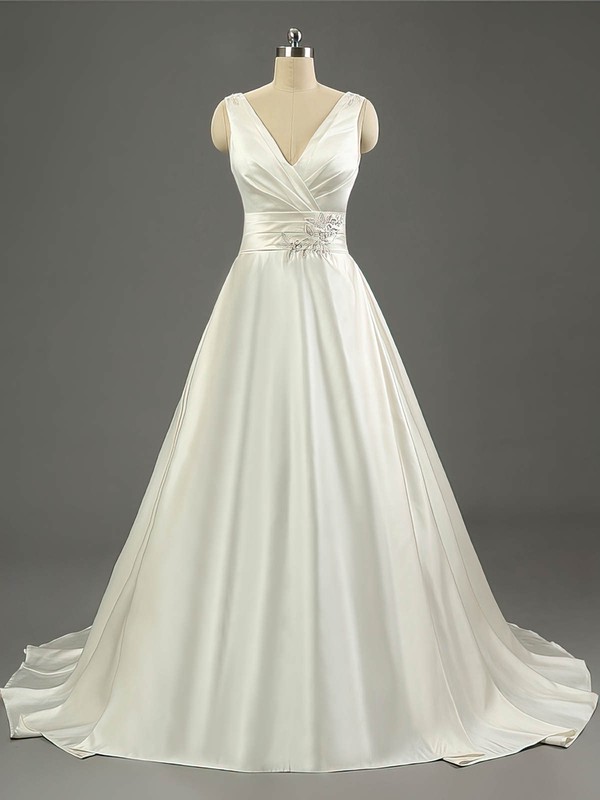 Ball Gown V-neck Sweep Train Satin with Ruffles Wedding Dresses #PDS00023079