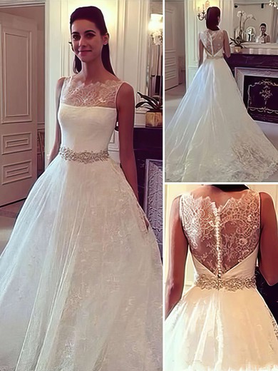 Ball Gown Scoop Neck Sweep Train Lace with Sashes / Ribbons Wedding Dresses #PDS00023084