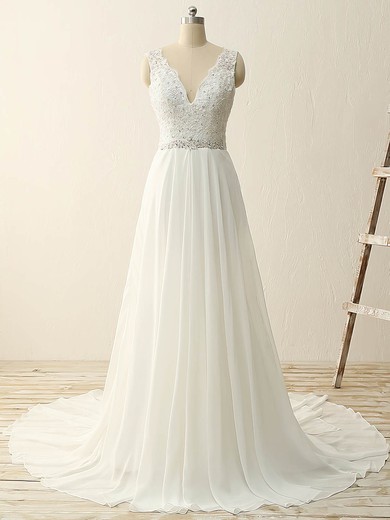 A-line V-neck Sweep Train Tulle Chiffon with Sequins Wedding Dresses #PDS00023086