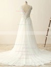 A-line V-neck Sweep Train Tulle Chiffon with Sequins Wedding Dresses #PDS00023086
