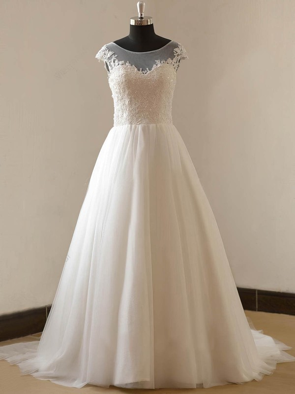 Princess Scoop Neck Sweep Train Tulle with Appliques Lace Wedding Dresses #PDS00023088