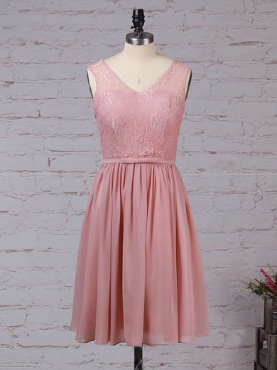 A-line V-neck Knee-length Lace Chiffon Sashes / Ribbons Bridesmaid Dresses #PDS01013497