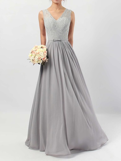 A-line V-neck Floor-length Lace Chiffon Sashes / Ribbons Bridesmaid Dresses #PDS01013498