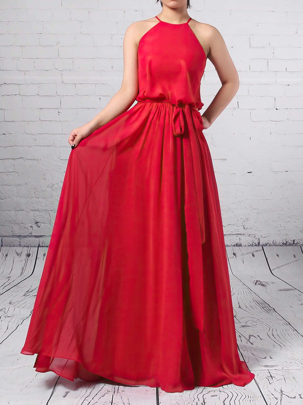 A-line Scoop Neck Floor-length Chiffon Sashes / Ribbons Bridesmaid Dresses #PDS01013512