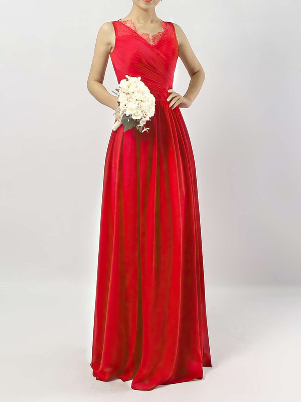 A-line V-neck Ankle-length Chiffon Lace Bridesmaid Dresses #PDS01013532