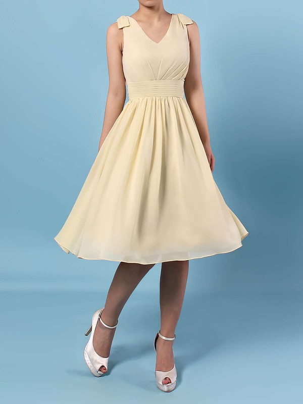 A-line V-neck Knee-length Chiffon Sashes / Ribbons Bridesmaid Dresses #PDS01013536